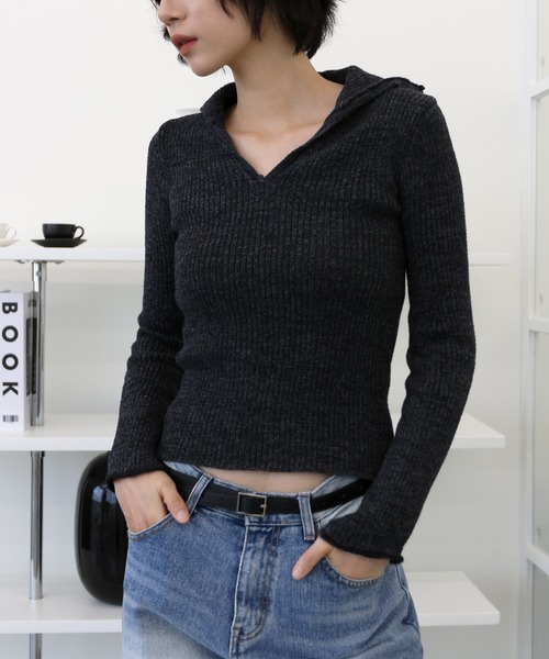 UNE MANSION(ユヌマンション)の「スリムフィットVネックカラーラメニット(Tシャツ/カットソー・レディース・ブラウン/ブラック・FREE)」の15枚目の写真