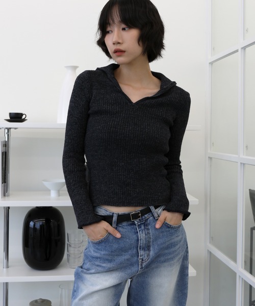 UNE MANSION(ユヌマンション)の「スリムフィットVネックカラーラメニット(Tシャツ/カットソー・レディース・ブラウン/ブラック・FREE)」の16枚目の写真