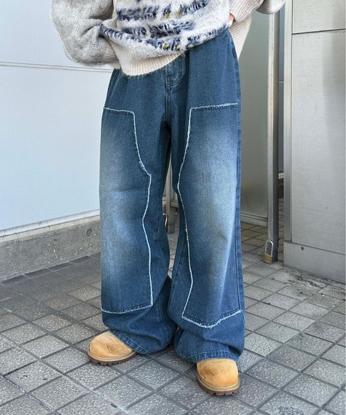 フリンジデザイン ライトブルーデニムパンツ セール】バギーフィットNARJAライトブルーデニム（デニムパンツ