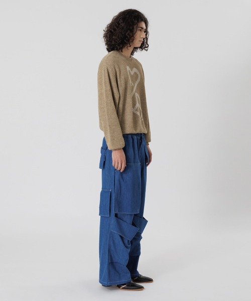 SASQUATCHfabrix.（サスクワァッチファブリックス）の「CALLIGRAPHIC "LOVE & PEACE” KNIT（ニット/セーター・メンズ・インディゴブルー/ベージュ・XL/L/M）」の4枚目の写真