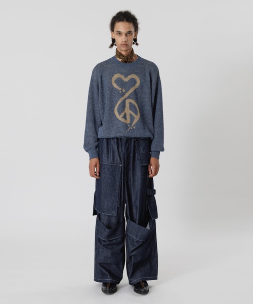 SASQUATCHfabrix.（サスクワァッチファブリックス）の「CALLIGRAPHIC "LOVE & PEACE” KNIT（ニット/セーター・メンズ・インディゴブルー/ベージュ・XL/L/M）」の6枚目の写真