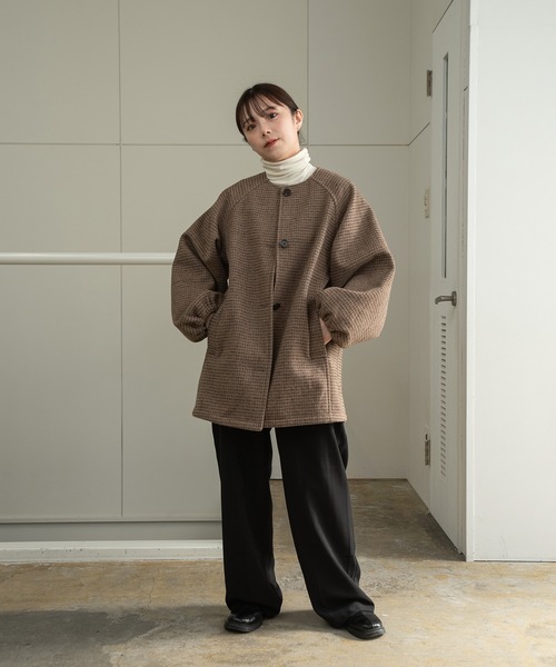 lawgy(ラウジー)の「raglan sleeve check midi outer / ラグランスリーブチェックミディアウター(ノーカラーコート・レディース・チェック・FREE)」の11枚目の写真