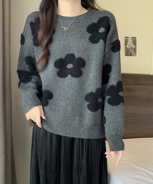 Primazel(プリマゼル)の「立体フラワーニットトップスセーター(ニット/セーター・レディース・ブラック/グレー・M)」の7枚目の写真