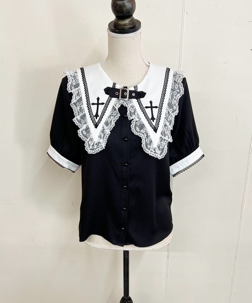 新品タグ付き　MARS マーズ　BIG襟クロス刺繍ブラウス　ブラックFREE MA*RS】BIG襟クロス刺繍ブラウス - ブラック size-F | 地雷系