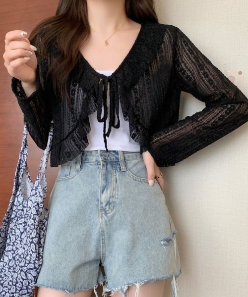 SHEENA(シーナ)の「シアーレースフリルカーディガン(カーディガン/ボレロ・レディース・ブラック/ホワイト・M)」の20枚目の写真