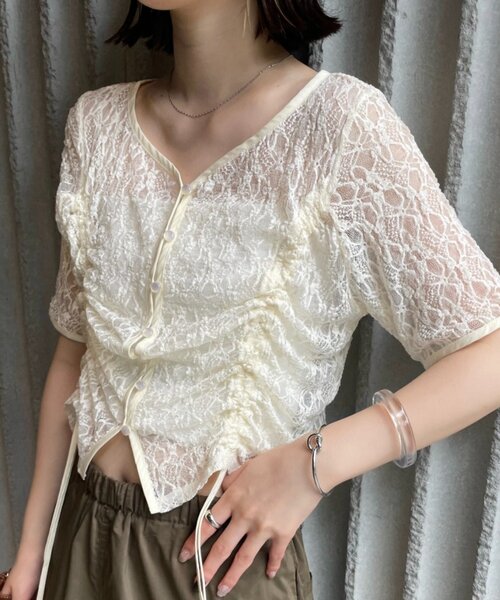 mline（エムライン）の「【4色展開】[mline]半袖ドロストレーストップス（シャツ/ブラウス・レディース・アイボリー/ブラック/カーキ/ピンク・FREE）」の2枚目の写真