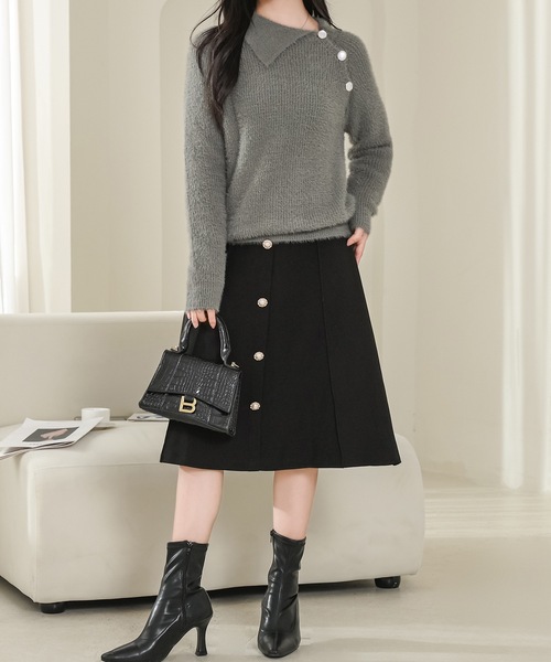 Lace Ladies(レースレディース)の「アシンメトリー 衿つき シャギー ニット プルオーバー(ニット/セーター・レディース・グリーン/アイボリー・M/XL)」の3枚目の写真
