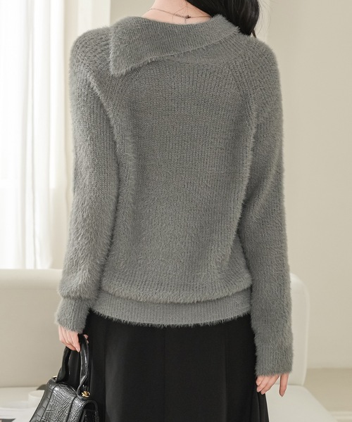 Lace Ladies(レースレディース)の「アシンメトリー 衿つき シャギー ニット プルオーバー(ニット/セーター・レディース・グリーン/アイボリー・M/XL)」の5枚目の写真