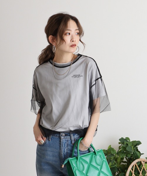 atONE(アットワン)の「ロゴT×チュールTコンパクトアンサンブル(Tシャツ/カットソー・レディース・オフホワイト/ホワイト×ブラック・F)」の2枚目の写真