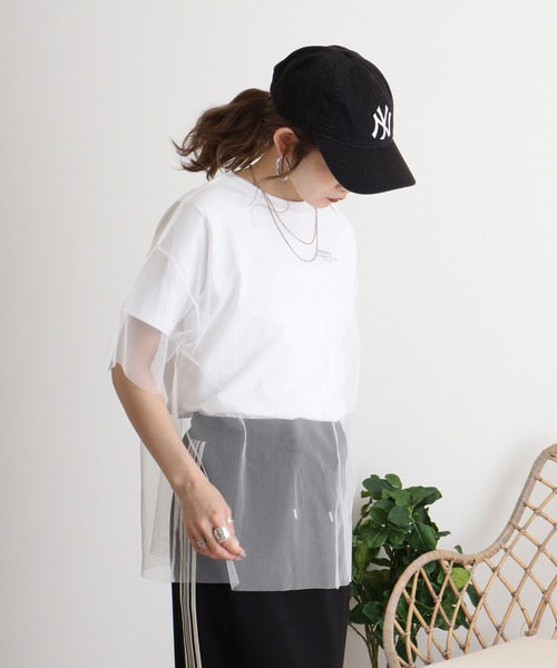 atONE(アットワン)の「ロゴT×チュールTコンパクトアンサンブル(Tシャツ/カットソー・レディース・オフホワイト/ホワイト×ブラック・F)」の6枚目の写真