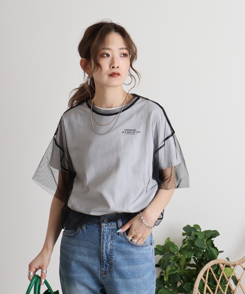 atONE(アットワン)の「ロゴT×チュールTコンパクトアンサンブル(Tシャツ/カットソー・レディース・オフホワイト/ホワイト×ブラック・F)」の11枚目の写真