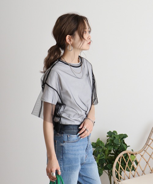 atONE(アットワン)の「ロゴT×チュールTコンパクトアンサンブル(Tシャツ/カットソー・レディース・オフホワイト/ホワイト×ブラック・F)」の13枚目の写真