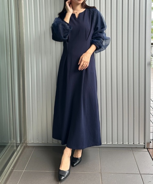 RANAN(ラナン)の「袖チュール重ねワンピース(ドレス・レディース・ネイビー/ブルーグレー/ブラック/オフホワイト・S/M/L/LL)」の13枚目の写真