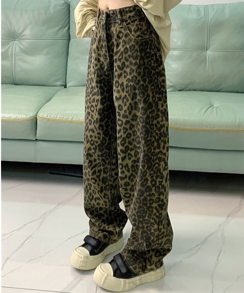 aclent ヴィンテージレオパードストレートパンツ フロッキーレオパードJ/Wワイドストレートパンツ｜ACLENT