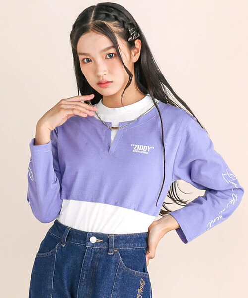 ZIDDY（ジディ）の「【 ニコ☆プチ 掲載 】ネックレス付きレイヤード風Tシャツ(130~160cm)（Tシャツ/カットソー・キッズ・パープル/ブラウン・130cm/140cm/150cm/160cm）」の2枚目の写真