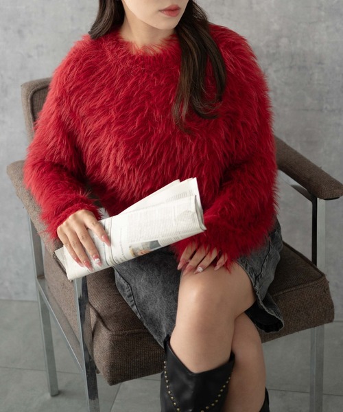 WEGO（ウィゴー）の「WEGO/シャギーショートプルオーバー（ニット/セーター・レディース・ホワイト系その他5/レッド/ライトグレー/ダークグレー・FREE）」の4枚目の写真