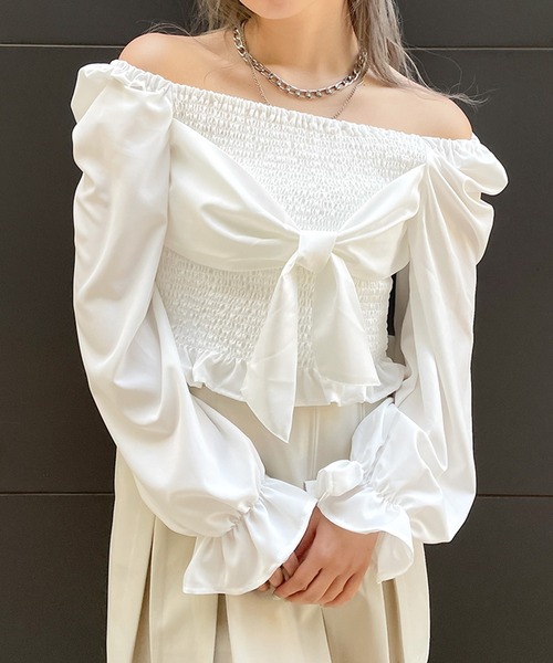 GORGE(ゴージ)の「《前後2WAY×シャーリング》レディース リボンブラウス 長袖 体型カバー 春夏秋(シャツ/ブラウス・レディース・ブラック/ホワイト/ラベンダー・F)」の1枚目の写真