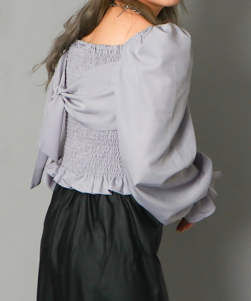 GORGE(ゴージ)の「《前後2WAY×シャーリング》レディース リボンブラウス 長袖 体型カバー 春夏秋(シャツ/ブラウス・レディース・ブラック/ホワイト/ラベンダー・F)」の5枚目の写真