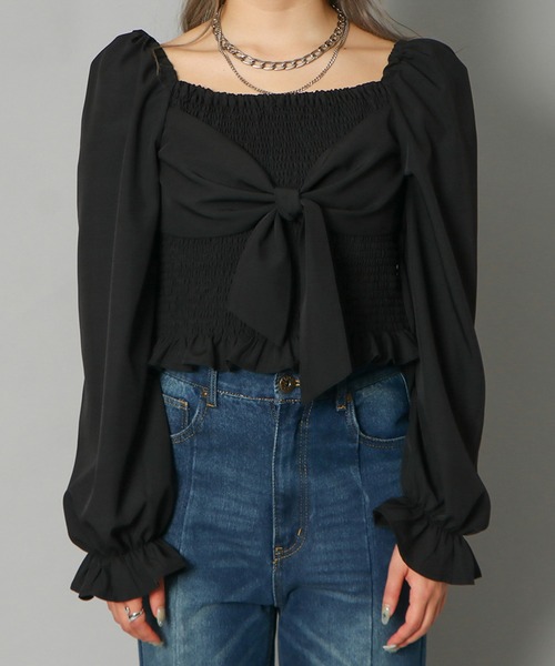 GORGE(ゴージ)の「《前後2WAY×シャーリング》レディース リボンブラウス 長袖 体型カバー 春夏秋(シャツ/ブラウス・レディース・ブラック/ホワイト/ラベンダー・F)」の6枚目の写真