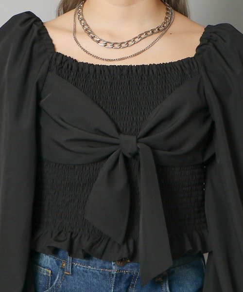 GORGE(ゴージ)の「《前後2WAY×シャーリング》レディース リボンブラウス 長袖 体型カバー 春夏秋(シャツ/ブラウス・レディース・ブラック/ホワイト/ラベンダー・F)」の10枚目の写真