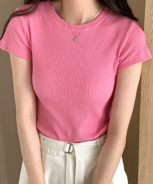Dewlily(デューリリー)の「半袖リブTシャツ(Tシャツ/カットソー・レディース・ブラウン/ピンク/ネイビー/ブルー/グレー・L/M)」の5枚目の写真