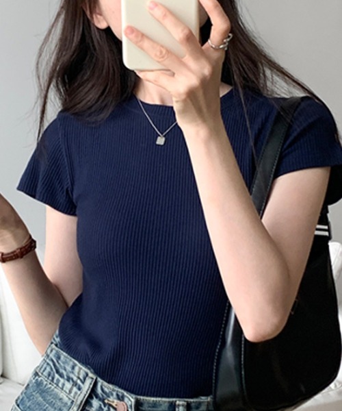 Dewlily(デューリリー)の「半袖リブTシャツ(Tシャツ/カットソー・レディース・ブラウン/ピンク/ネイビー/ブルー/グレー・L/M)」の6枚目の写真