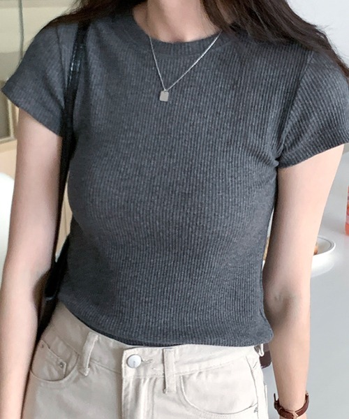 Dewlily(デューリリー)の「半袖リブTシャツ(Tシャツ/カットソー・レディース・ブラウン/ピンク/ネイビー/ブルー/グレー・L/M)」の7枚目の写真
