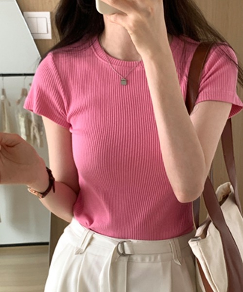 Dewlily(デューリリー)の「半袖リブTシャツ(Tシャツ/カットソー・レディース・ブラウン/ピンク/ネイビー/ブルー/グレー・L/M)」の9枚目の写真