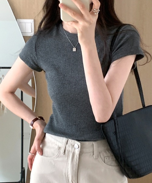 Dewlily(デューリリー)の「半袖リブTシャツ(Tシャツ/カットソー・レディース・ブラウン/ピンク/ネイビー/ブルー/グレー・L/M)」の12枚目の写真