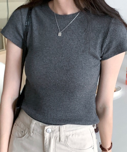 Dewlily(デューリリー)の「半袖リブTシャツ(Tシャツ/カットソー・レディース・ブラウン/ピンク/ネイビー/ブルー/グレー・L/M)」の15枚目の写真