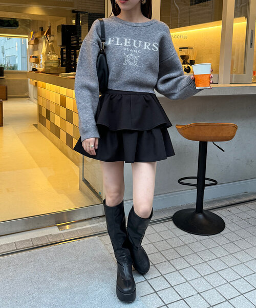 Chico パーカー 襟取り外しロゴジャガードショートニット