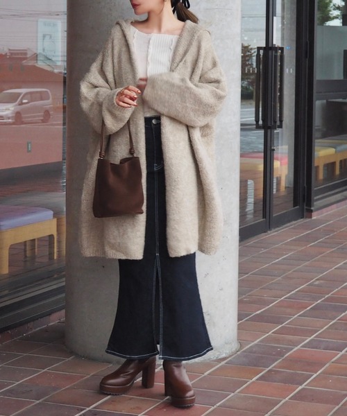 hooded knit over cardigan /フーデットロング ニットオーバー