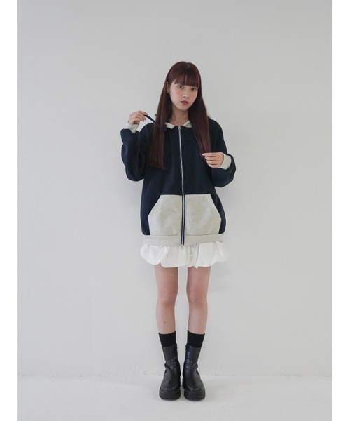 パーカー 「 cunii 」アメリカン フーディー ツートーン フード ジップアップ  パーカー レディース cunii 】アメリカン フーディー ツートーン フード ジップアップ