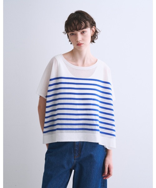 Traditional Weatherwear（トラディショナルウェザーウェア）の「LYNE KINT N/S SHEER（ニット/セーター・レディース・ホワイト×ブラック/ホワイト×ブルー/ホワイト×グレー/ホワイト・S）」の3枚目の写真