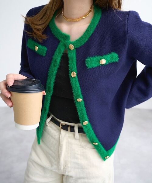 セール】パイピングシャギーニットジャケットカーディガン（ニット