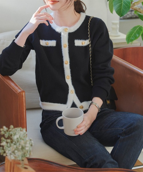 セール】パイピングシャギーニットジャケットカーディガン（ニット