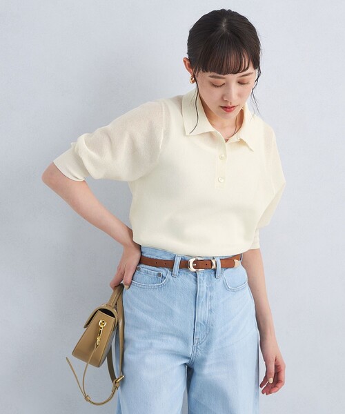 green label relaxing（グリーンレーベルリラクシング）の「パフ シアー ポロニット -ウォッシャブル-（ニット/セーター・レディース・ブラック/ベージュ/オフホワイト・FREE）」の2枚目の写真