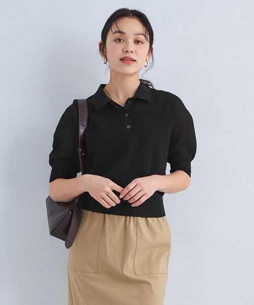 green label relaxing（グリーンレーベルリラクシング）の「パフ シアー ポロニット -ウォッシャブル-（ニット/セーター・レディース・ブラック/ベージュ/オフホワイト・FREE）」の3枚目の写真