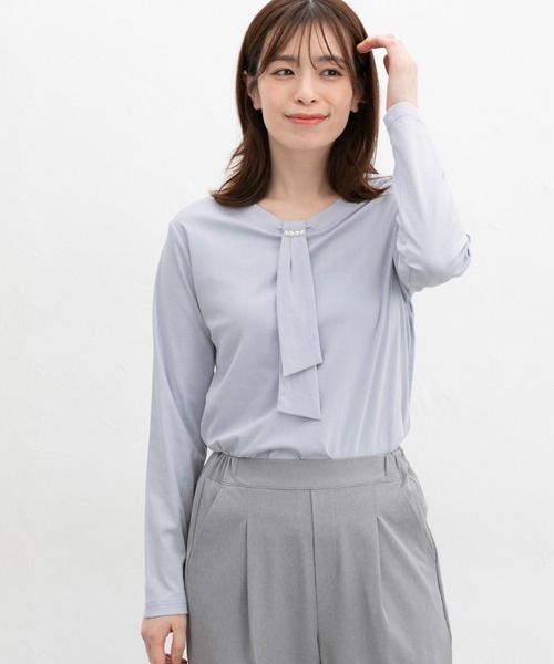 Honeys(ハニーズ)の「ボウタイトップス(Tシャツ/カットソー・レディース・サックスブルー系/ネイビー/ライトグレー/ホワイト・3L/S/M/L/LL)」の14枚目の写真