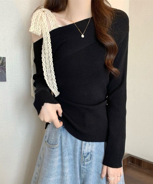 Teem Store(チームストア)の「レースリボンストラップ ワンショル リブニット(ニット/セーター・レディース・レッド/アイボリー/グレー/ブラック・F)」の11枚目の写真