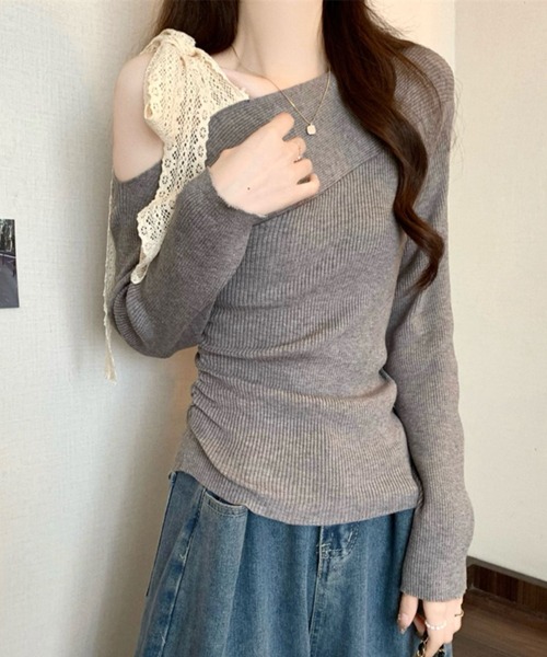 Teem Store(チームストア)の「レースリボンストラップ ワンショル リブニット(ニット/セーター・レディース・レッド/アイボリー/グレー/ブラック・F)」の17枚目の写真