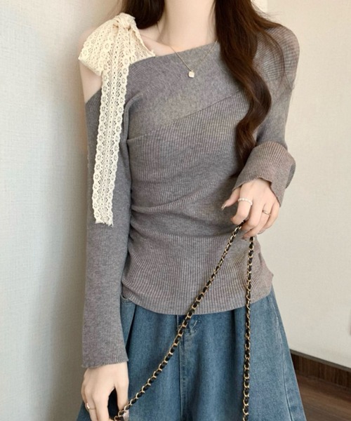 Teem Store(チームストア)の「レースリボンストラップ ワンショル リブニット(ニット/セーター・レディース・レッド/アイボリー/グレー/ブラック・F)」の18枚目の写真