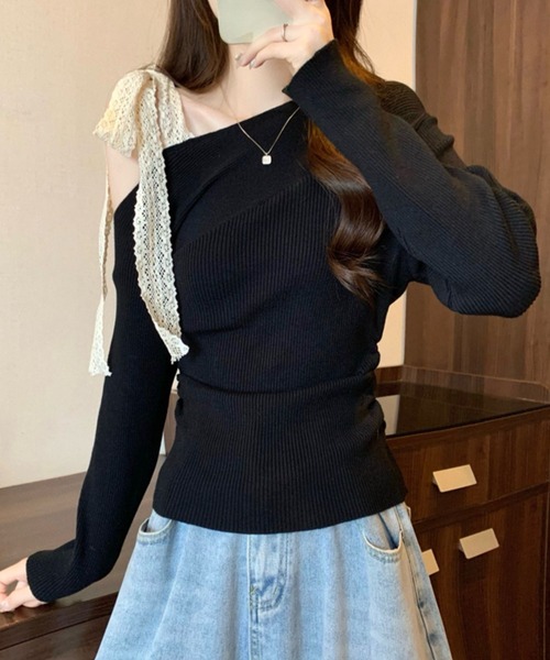 Teem Store(チームストア)の「レースリボンストラップ ワンショル リブニット(ニット/セーター・レディース・レッド/アイボリー/グレー/ブラック・F)」の13枚目の写真