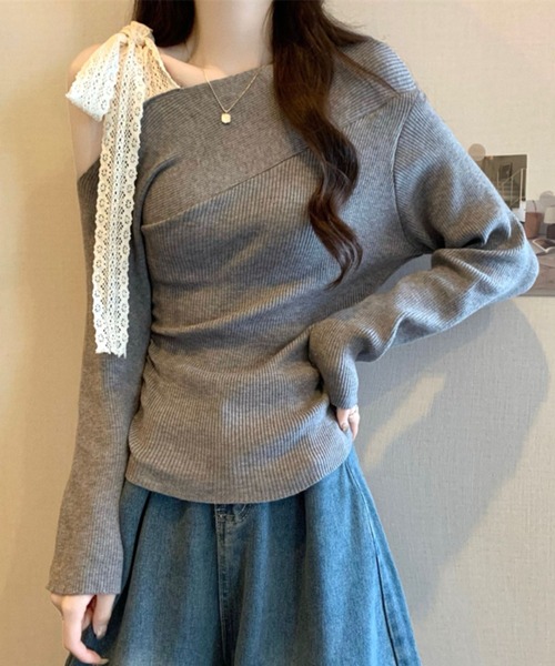 Teem Store(チームストア)の「レースリボンストラップ ワンショル リブニット(ニット/セーター・レディース・レッド/アイボリー/グレー/ブラック・F)」の20枚目の写真