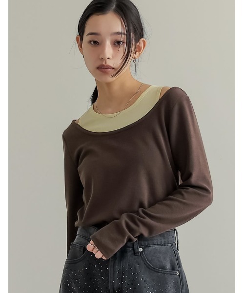 Re:EDIT（リエディ）の「[nachicoさんセレクト][2025SS COLLECTION]レイヤード風配色スムースカットソーロングTシャツ（Tシャツ/カットソー・レディース・ブラック/チャコールグレー/ネイビー/ブラウン・MEDIUM/LARGE）」の3枚目の写真