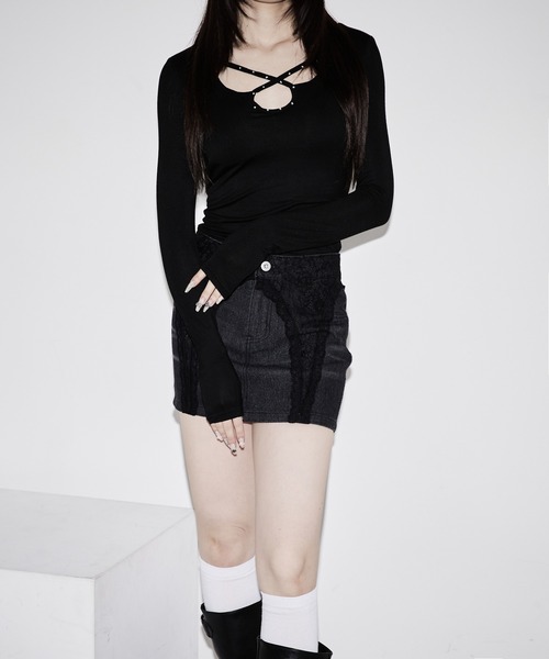 Ellno de Mavie(エルノデメヴィ)の「lace docking denim mini skirt / レースドッキングデニムミニスカート【SETUP対応】(デニムスカート・レディース・Black・FREE)」の9枚目の写真