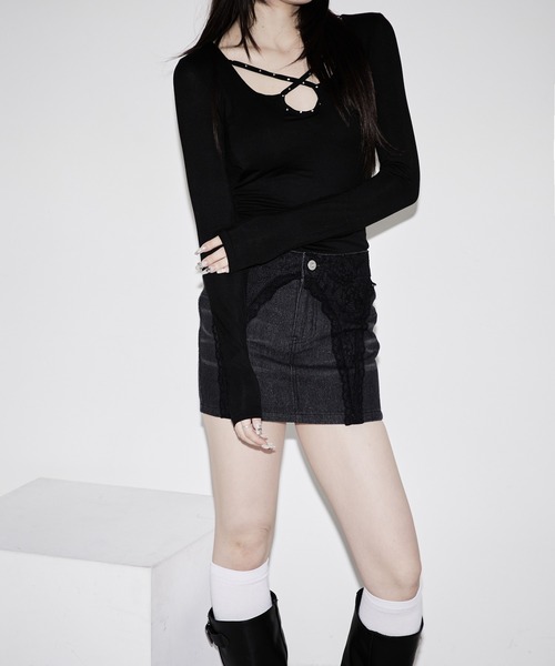 Ellno de Mavie(エルノデメヴィ)の「lace docking denim mini skirt / レースドッキングデニムミニスカート【SETUP対応】(デニムスカート・レディース・Black・FREE)」の10枚目の写真