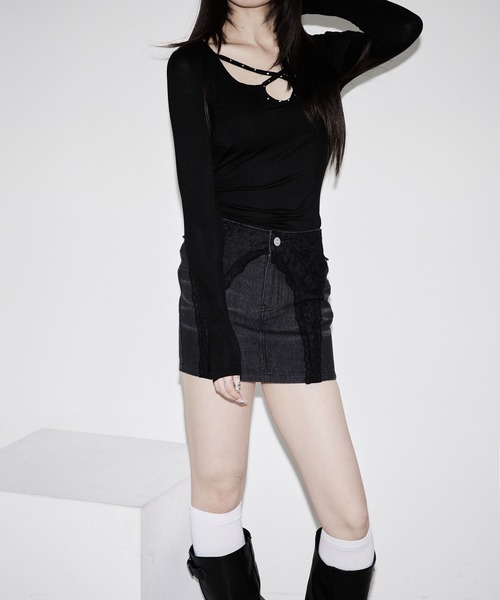 Ellno de Mavie(エルノデメヴィ)の「lace docking denim mini skirt / レースドッキングデニムミニスカート【SETUP対応】(デニムスカート・レディース・Black・FREE)」の5枚目の写真