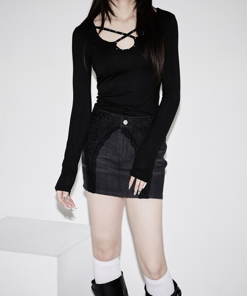 Ellno de Mavie(エルノデメヴィ)の「lace docking denim mini skirt / レースドッキングデニムミニスカート【SETUP対応】(デニムスカート・レディース・Black・FREE)」の7枚目の写真