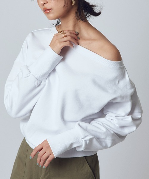 ボートネックスウェット tops-02466 ボートネックショートスウェット グレー ブラック